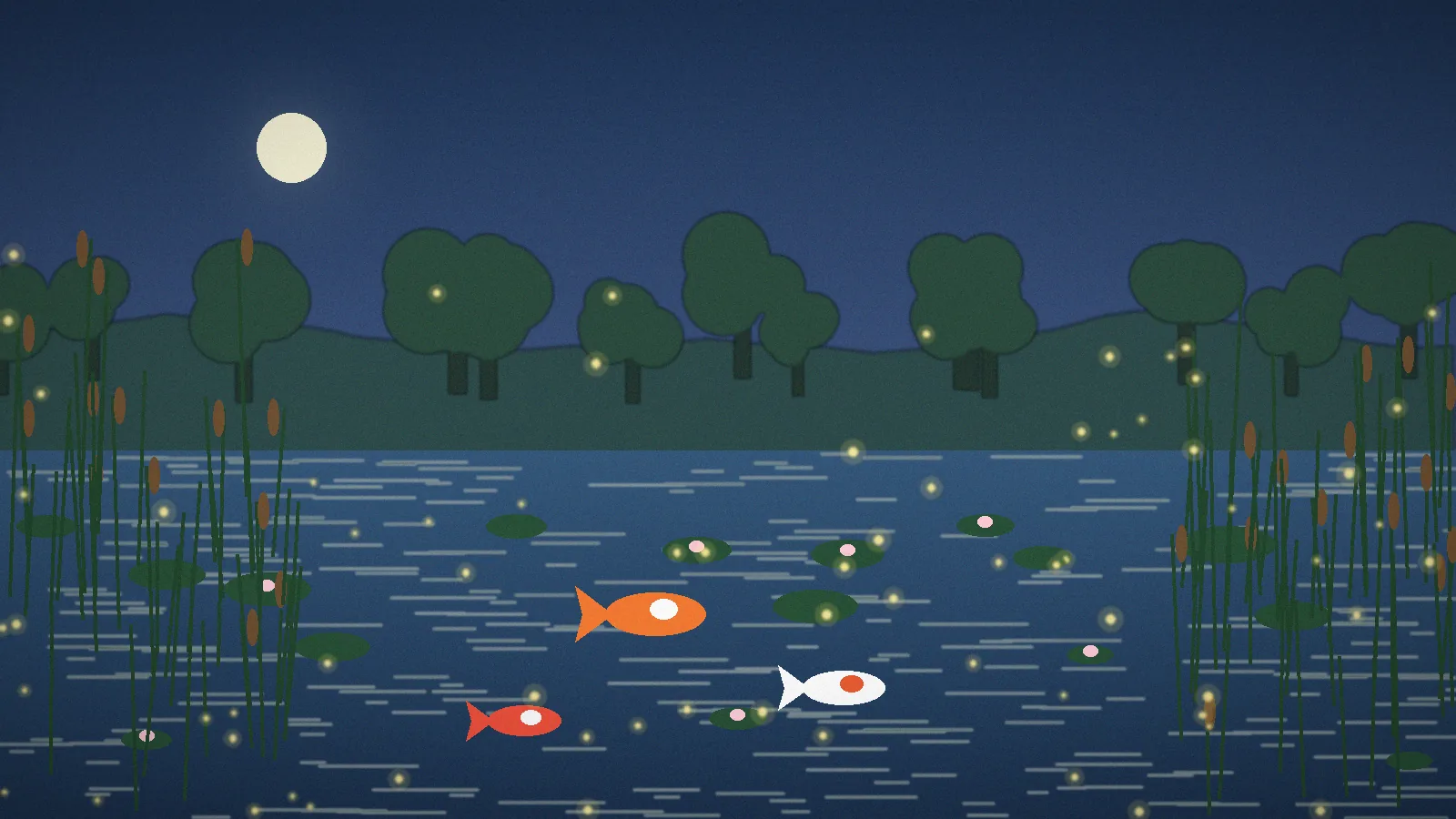 A night-time pond with koi and fireflies, showing a world built with several creature mods together