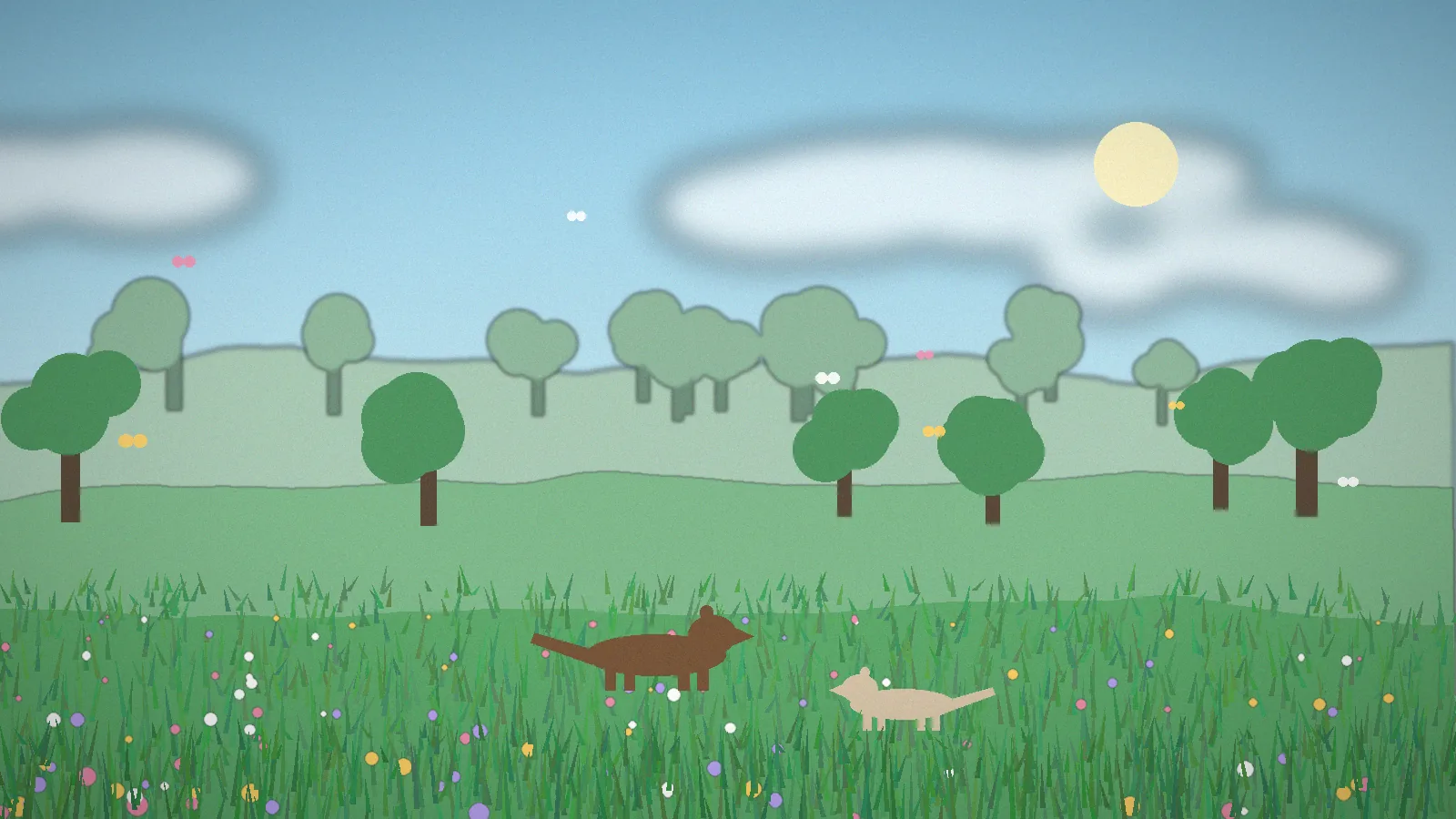 Two ferrets from the Critters and Companions mod exploring a bright wildflower meadow