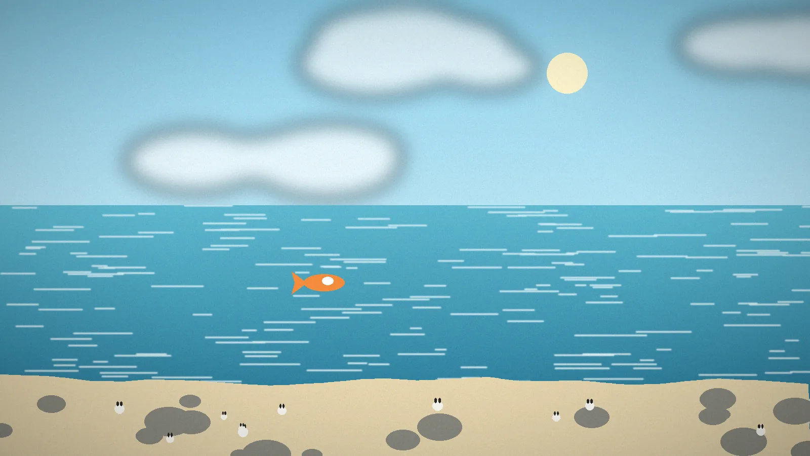 Tiny sea bunnies and a koi-coloured fish along a rocky ocean shoreline