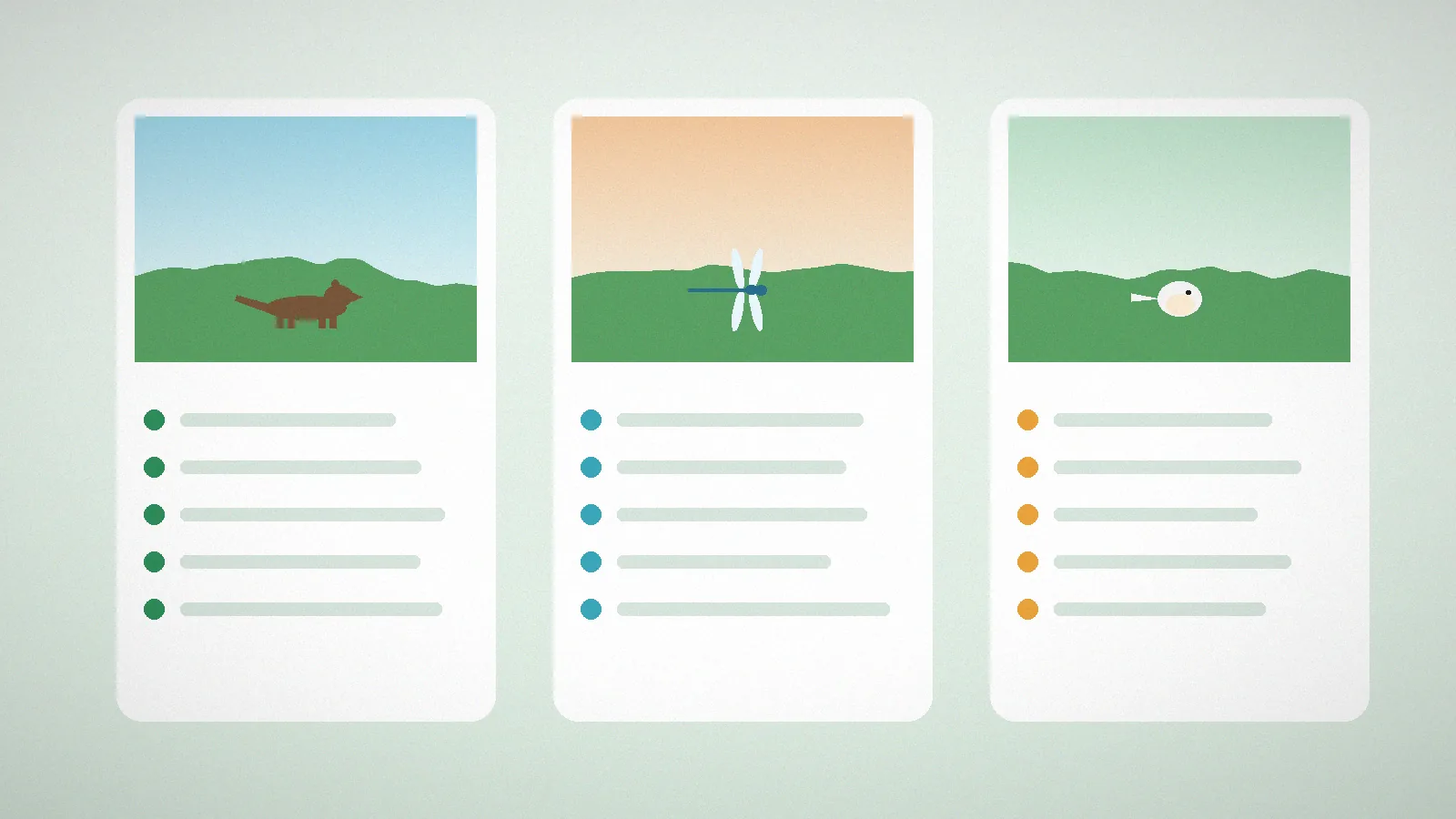 Field-guide style cards comparing a ferret, a dragonfly and a small bird from the Critters and Companions mod