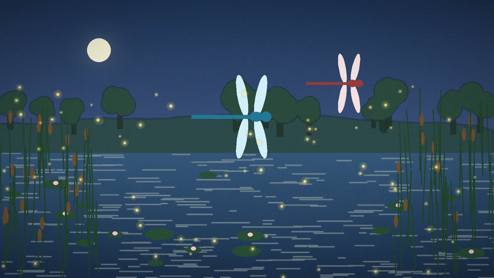 A pond at night with glowing fireflies, reeds and dragonflies under the moon