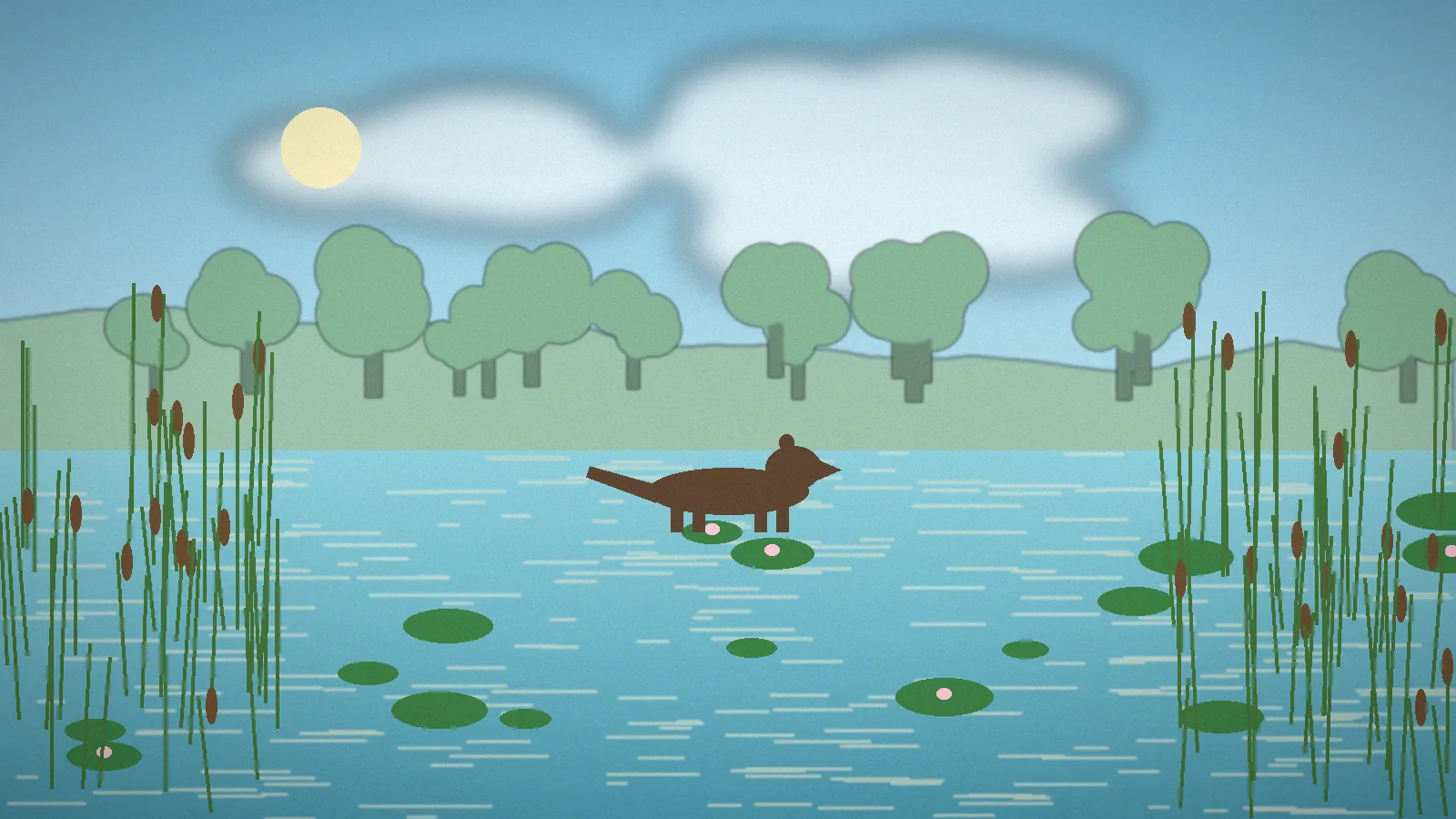 An otter at the edge of a river among lily pads and reeds