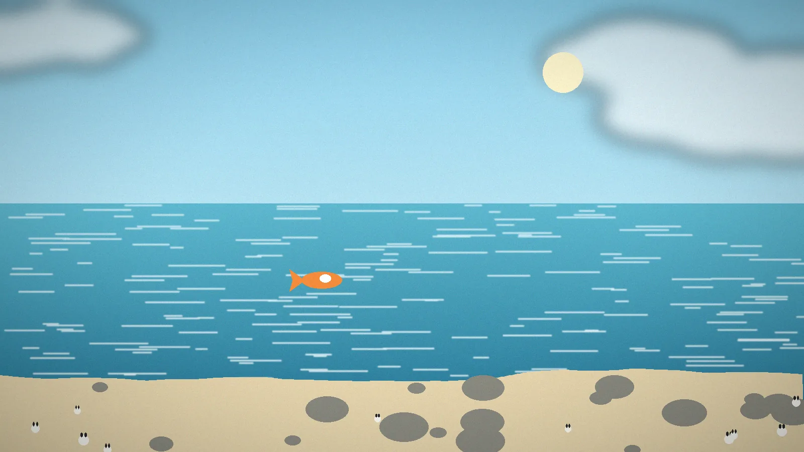 Tiny white sea bunnies dotted across a sandy, rocky shoreline beside the ocean