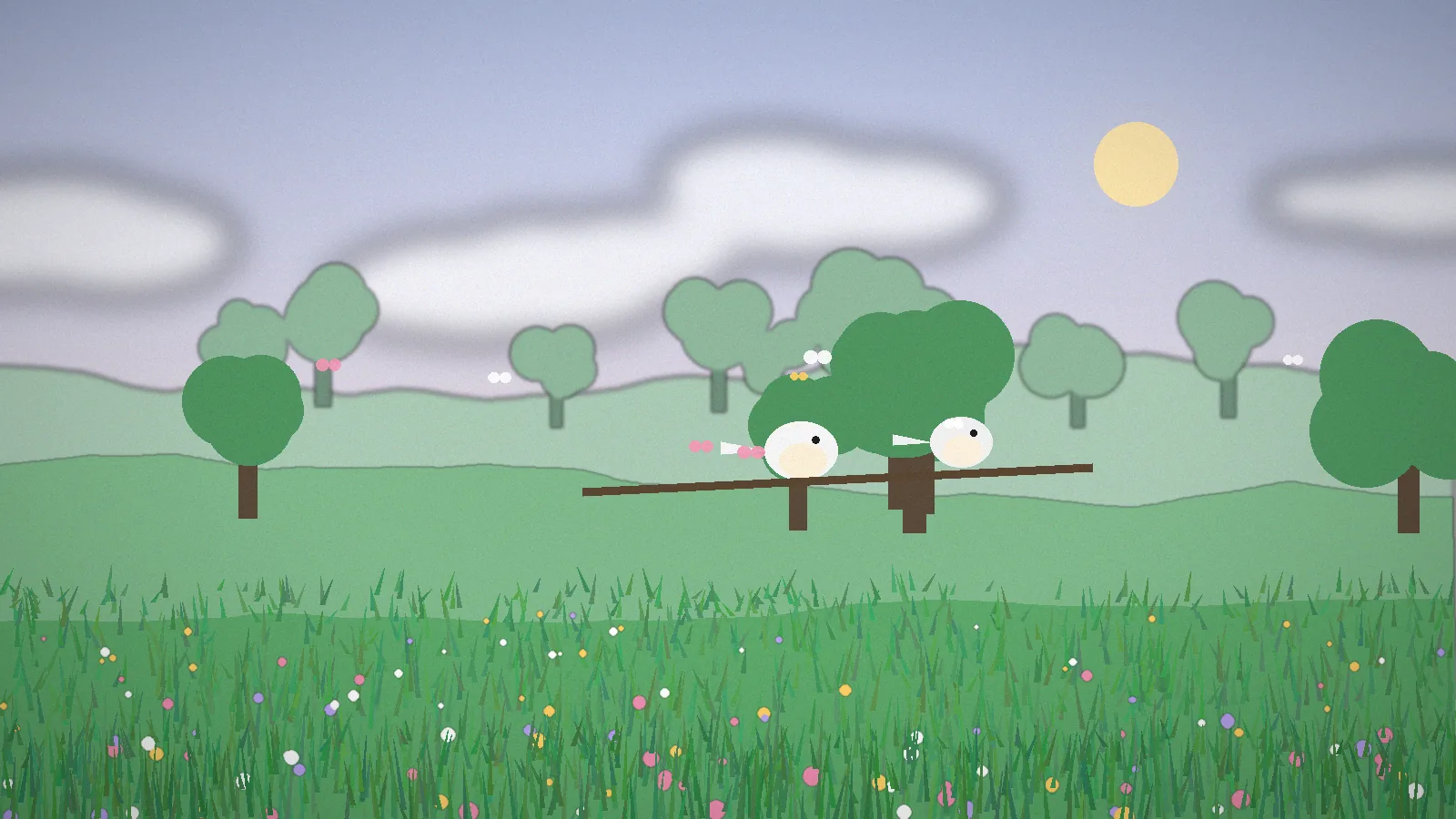 Two small white songbirds perched on a branch in a pastel dawn meadow